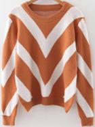 Romwe Khaki Chevron Pattern Ribbed Trim Sweater