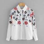 Romwe Floral Embroidery Button Front Blouse