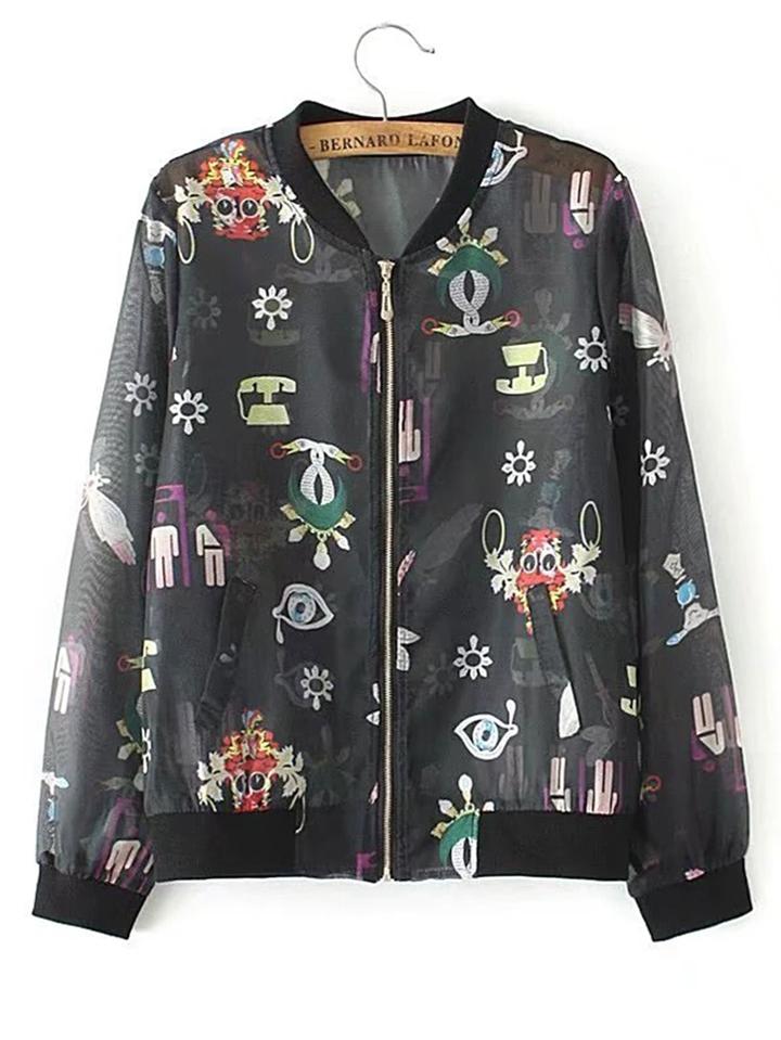 Romwe Cartoon Print Zipper Up Jacket