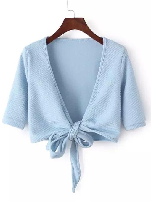 Romwe Deep V Neck Knotted Crop Blue Coat