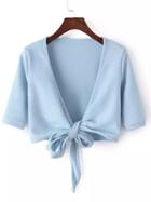 Romwe Deep V Neck Knotted Crop Blue Coat
