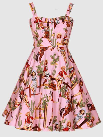 Romwe Vintage Print Wide Strap Dress - Pink