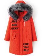Romwe Orange Printed Hooded Padded Coat With Contrast Faux Fur