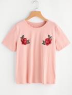 Romwe Embroidered Rose Applique Tee