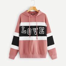 Romwe Drawstring Color Block Letter Hoodie