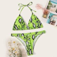 Romwe Snakeskin Print Triangle Halter Bikini Set
