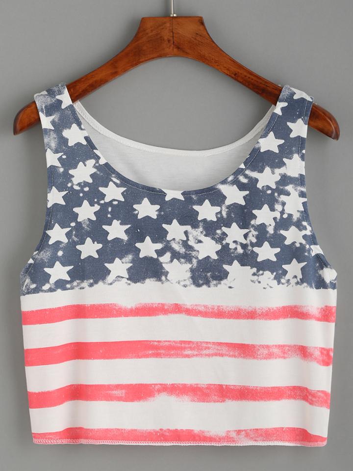 Romwe White Stars And Stripes Print Crop Tank Top