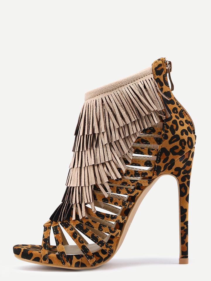 Romwe Leopard Zipper Fringe High Heels