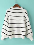 Romwe Mock Neck Striped White Sweater