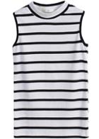 Romwe Stand Collar Sleeveless Striped White T-shirt