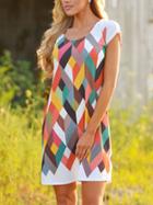 Romwe Diamond Print Shift Multicolor Dress