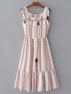 Romwe Square Neck Drawstring Waist Dress With Fringe