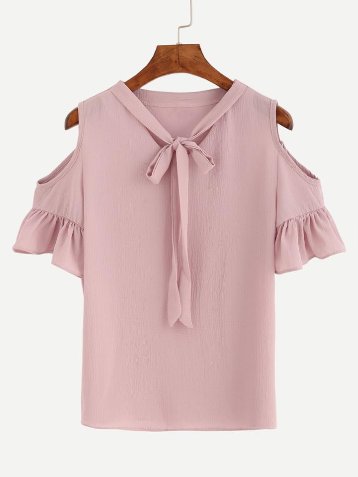 Romwe Pink Open Shoulder Self Tie Ruffle Blouse