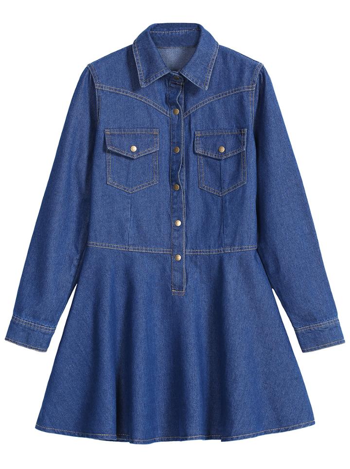 Romwe Pockets Lapel Flouncing Denim Navy Dress