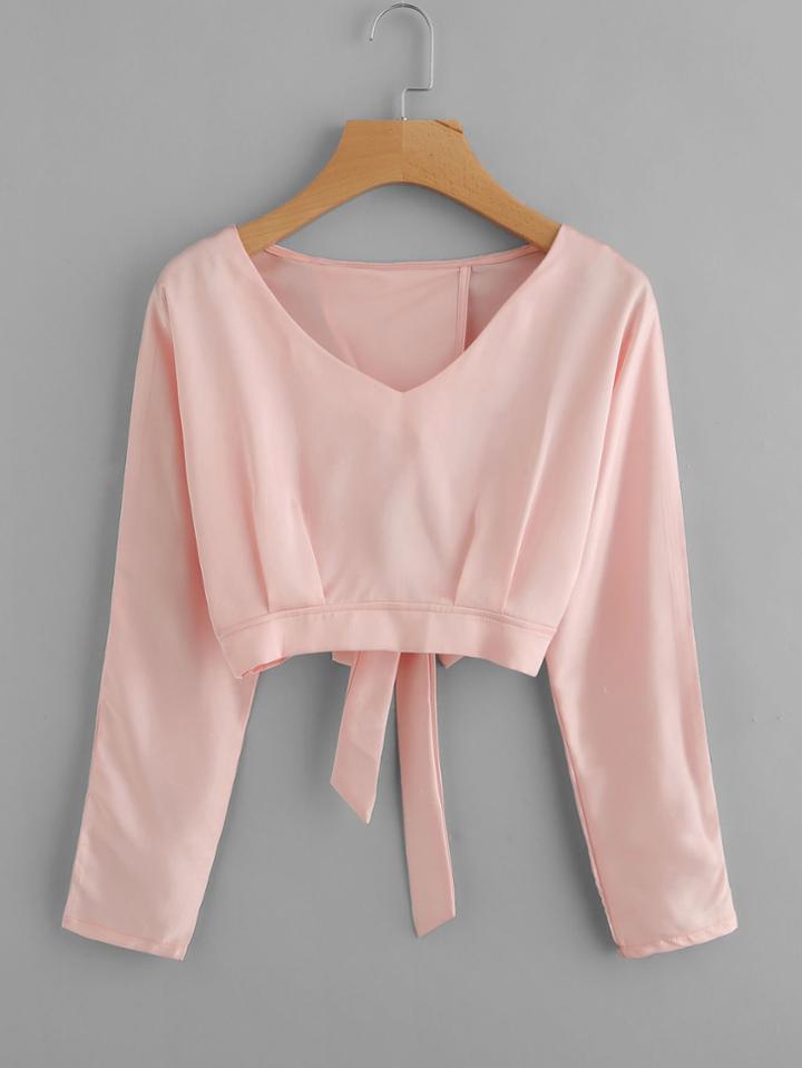 Romwe V Neckline Split Self Tie Back Crop Top