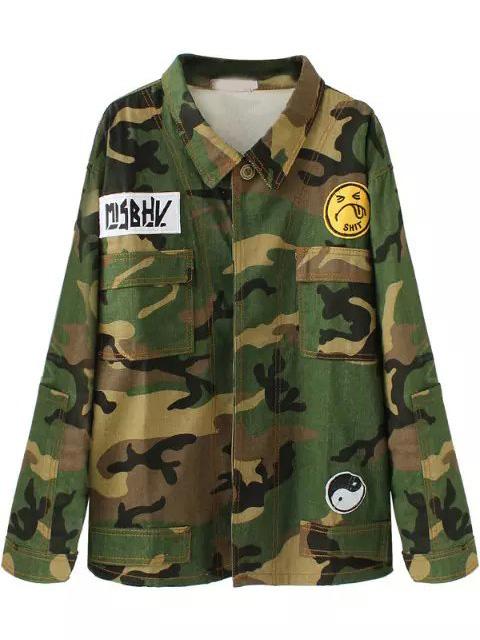 Romwe Green Lapel Camouflage Print Pockets Coat