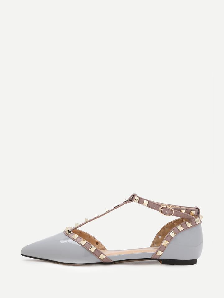 Romwe Grey Faux Patent Studded T-strap Flats