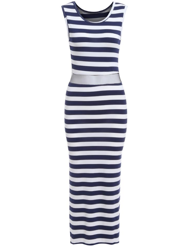 Romwe Sleeveless Striped Mesh Insert Dress