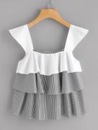 Romwe Contrast Tiered Frill Striped Top