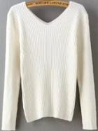 Romwe V Neck Slim White Sweater