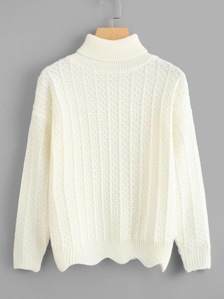 Romwe High Neck Scallop Hem Knit Sweater