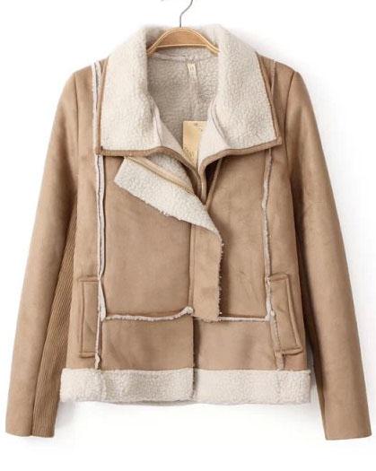 Romwe Faux Fur Lapel Khaki Jacket