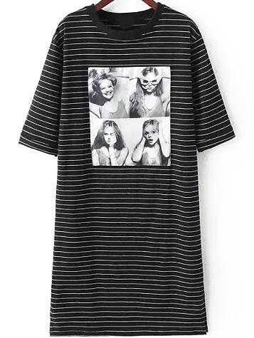 Romwe Beauty Patch Striped Side Slit Black T-shirt