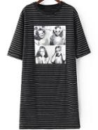 Romwe Beauty Patch Striped Side Slit Black T-shirt