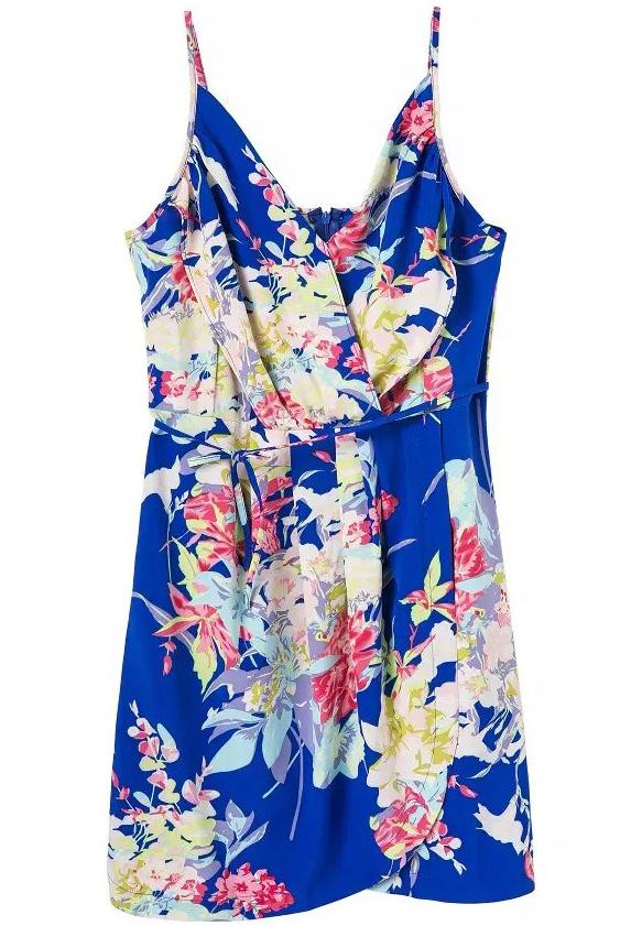 Romwe Blue Spaghetti Strap Floral Bodycon Dress