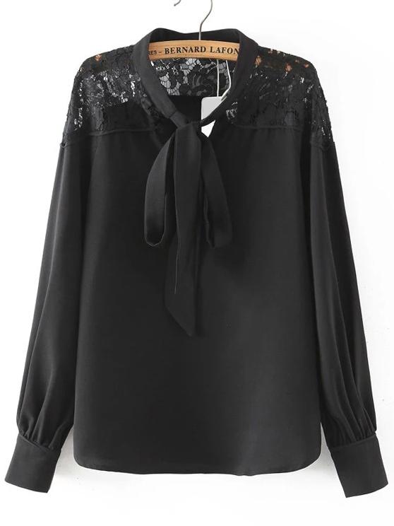 Romwe Tie Neck Lace Black Blouse