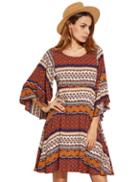 Romwe Multicolor Tribal Print Ruffle Sleeve A Line Dress