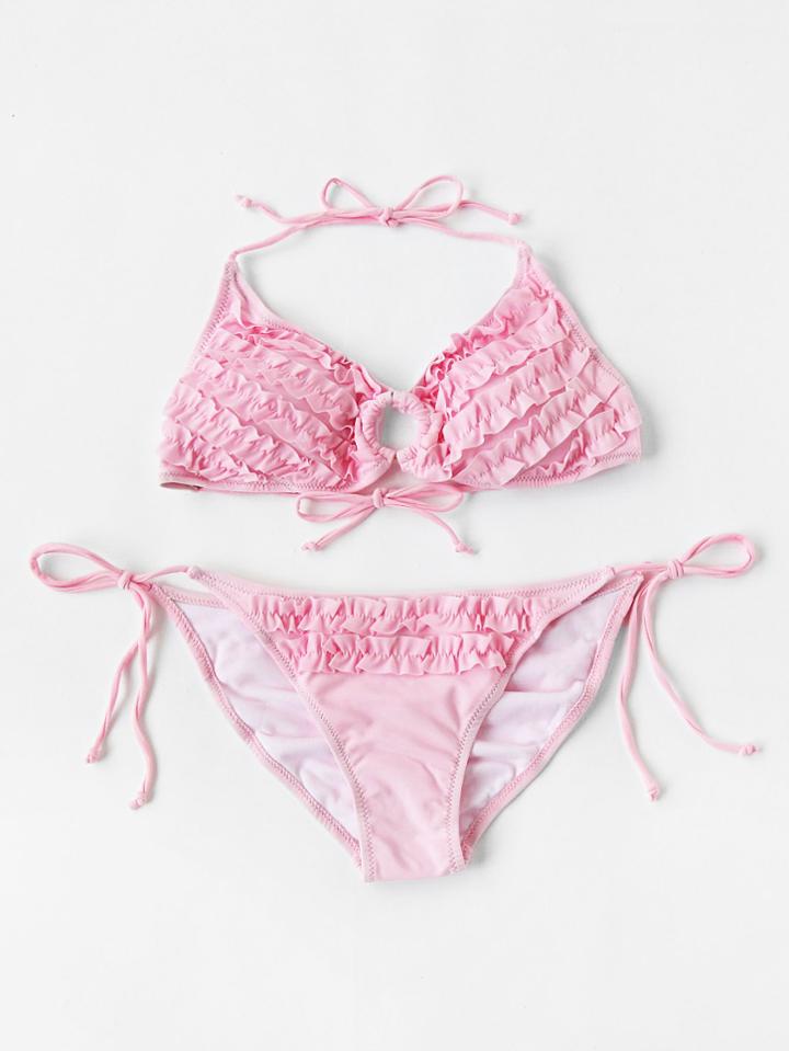 Romwe Frill Detail Side Tie Keyhole Bikini Set