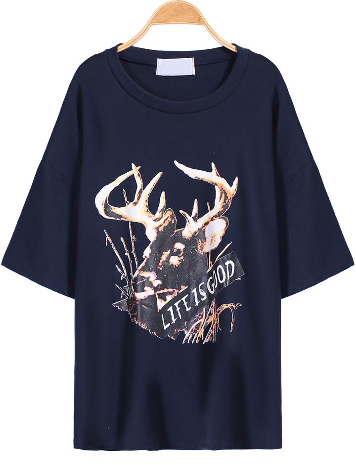 Romwe Royal Blue Short Sleeve Deer Print Loose T-shirt