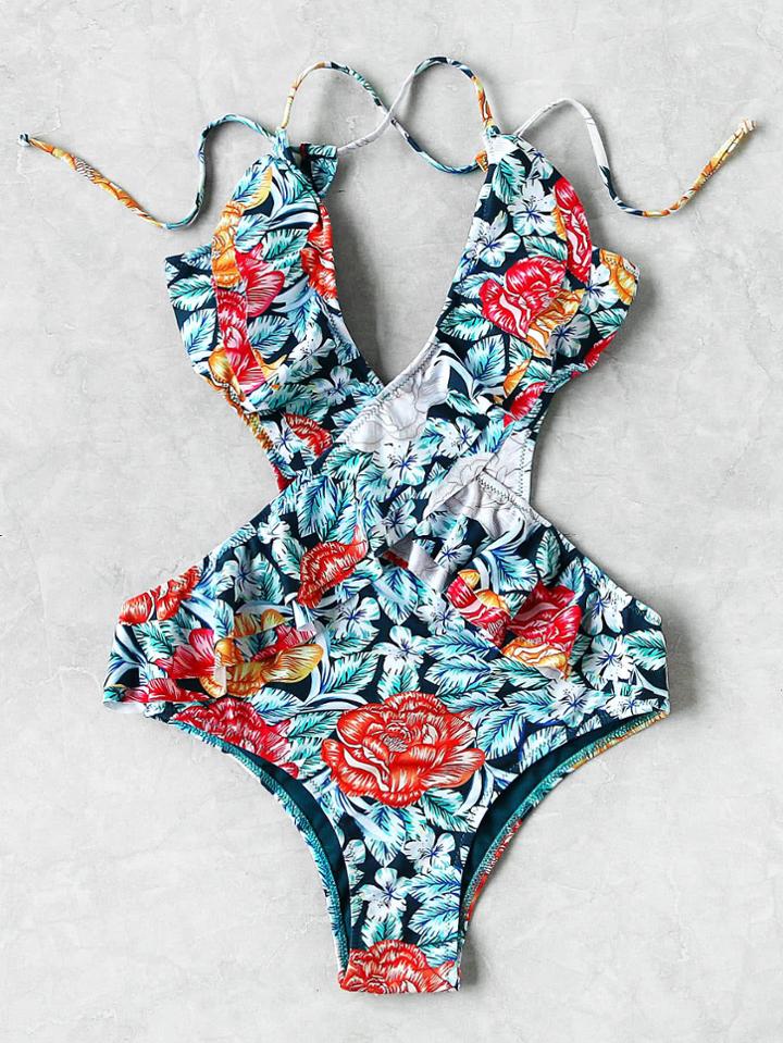 Romwe Plunging Cutout Crisscross Ruffle Tropical Monokini