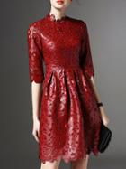 Romwe Burgundy Pu Leather Crochet Hollow Dress