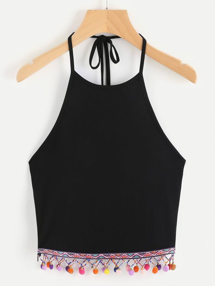 Romwe Embroidered Tape And Pom Pom Trim Halter Top