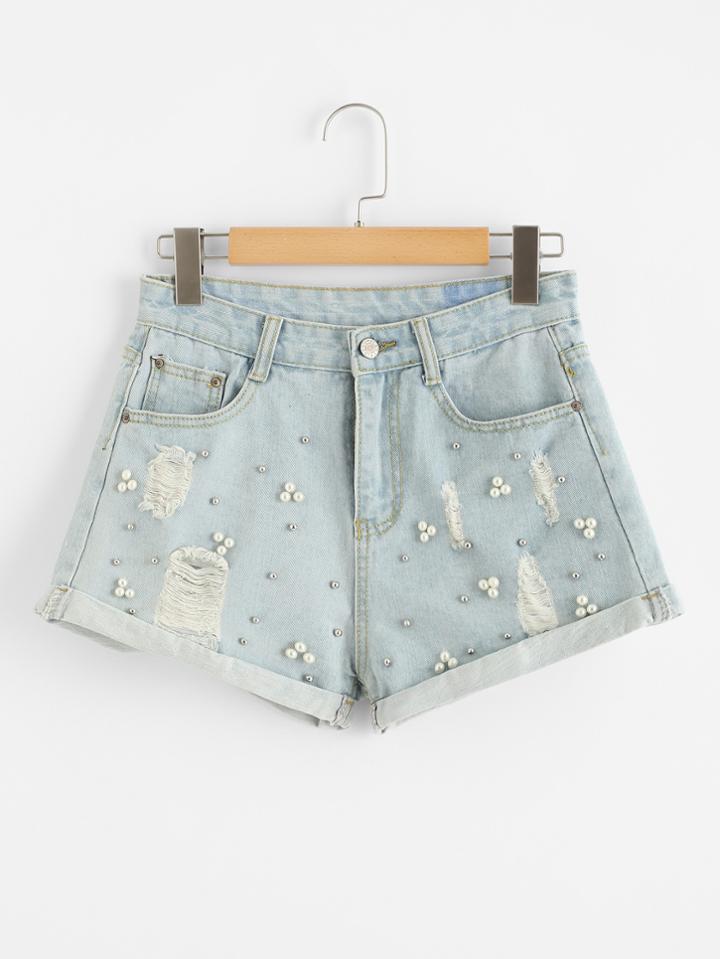 Romwe Faux Pearling Beading Ripped Denim Shorts