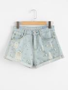 Romwe Faux Pearling Beading Ripped Denim Shorts