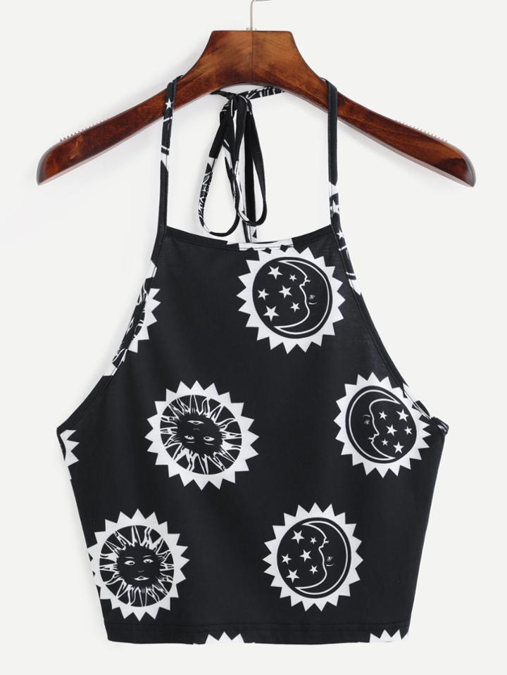 Romwe Sun And Moon Print Halter Neck Top
