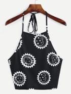 Romwe Sun And Moon Print Halter Neck Top