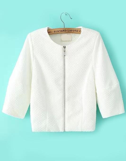 Romwe Puff Sleeve Zipper Crop White Coat