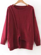 Romwe Red Round Neck Ribbed Trim Asymmetrical Sweater