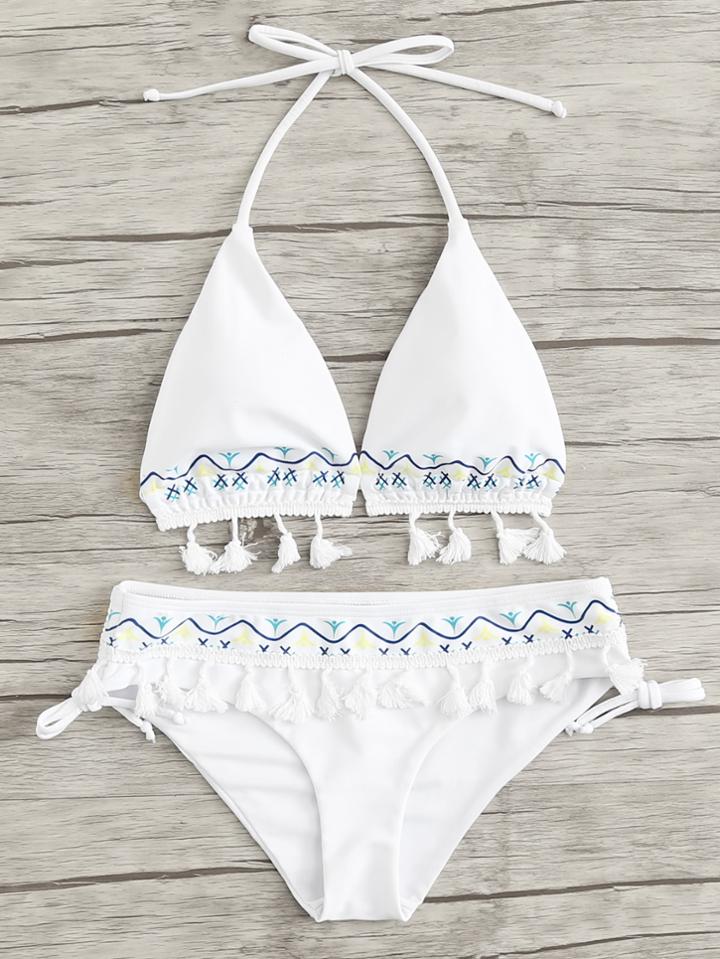 Romwe Crochet Tassel Trim Halter Bikini Set