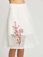 Romwe Flower Embroidered Striped Mesh Overlay Skirt