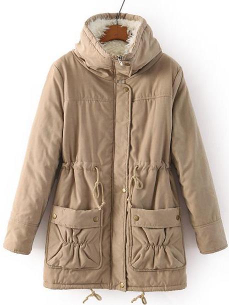 Romwe Stand Collar Drawstring Pockets Khaki Coat