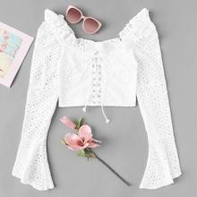 Romwe Ruffle Trim Lace-up Crop Flounce Sleeve Blouse