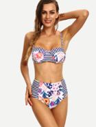 Romwe Multicolor Striped & Flower Print Bikini Set