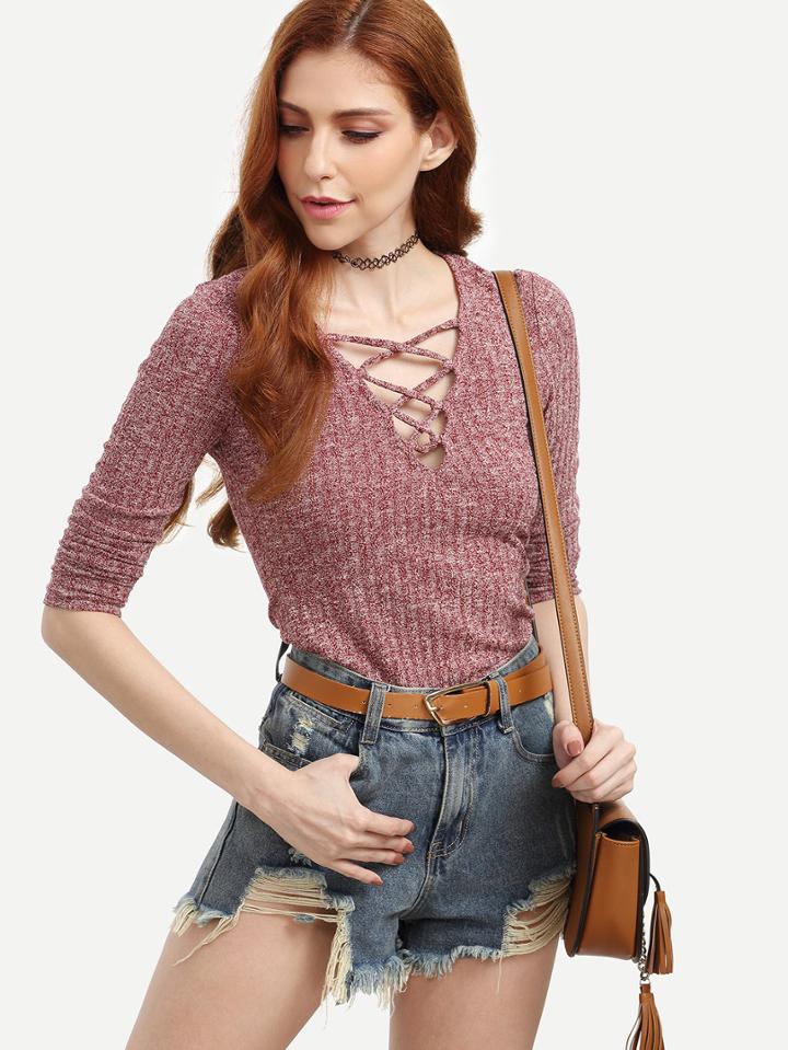 Romwe Purple Hollow Out Neck Ribbed T-shirt