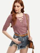 Romwe Purple Hollow Out Neck Ribbed T-shirt