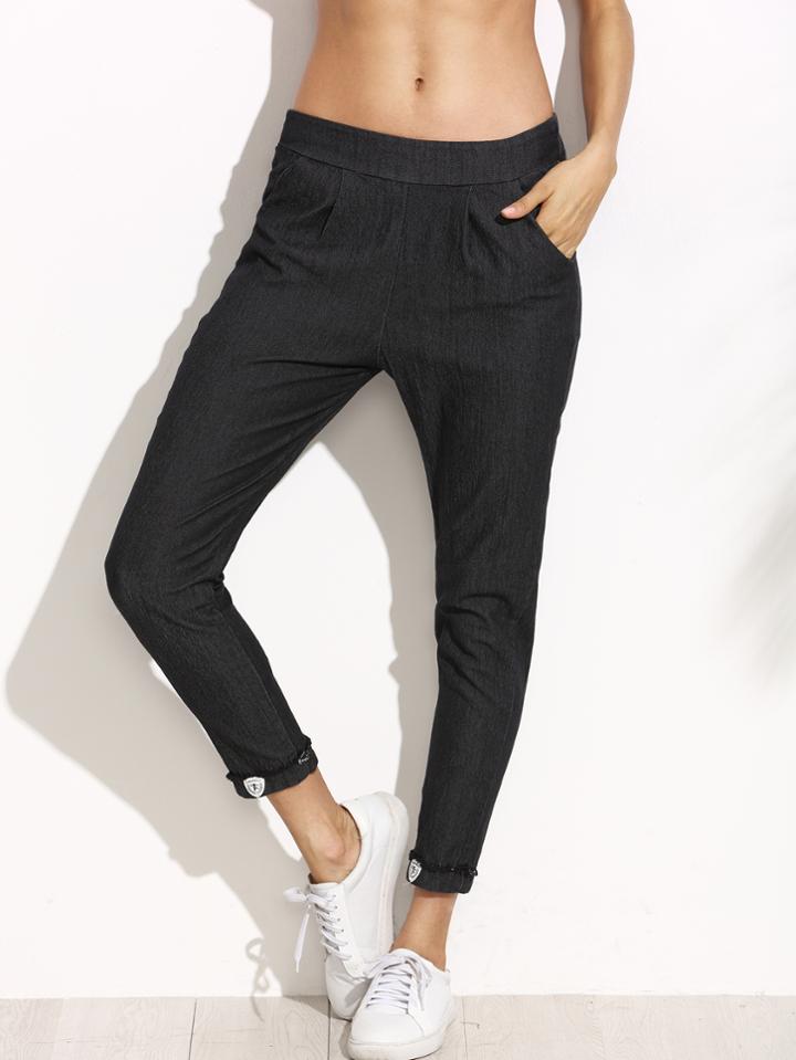Romwe Dark Grey Rolled Hem Patches Elastic Waist Jeans